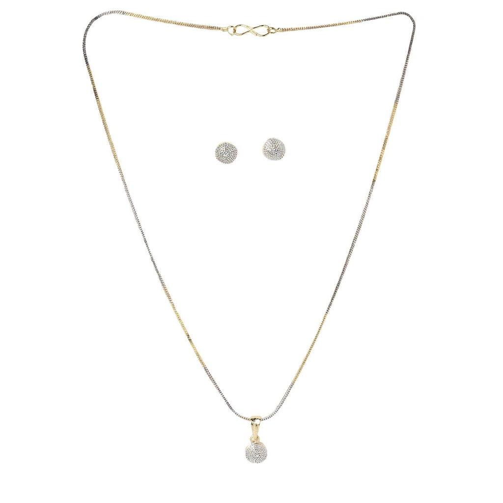 Gold necklace with a pendant and matching earrings on a white background