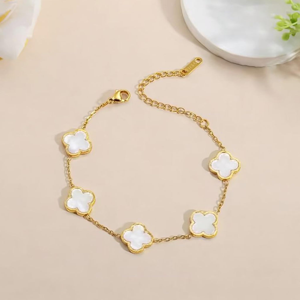 Okos Gold Plated White Clover Jewellery Set Combo for Women & Girls | Necklace, Bracelet, Ring & Stud Earrings | Elegant Jewellery for Everyday Wear CO1000498WHT