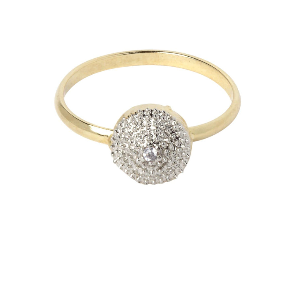 Gold ring with a diamond-studded circular pendant on a white background