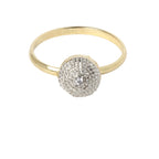 Gold ring with a diamond-studded circular pendant on a white background
