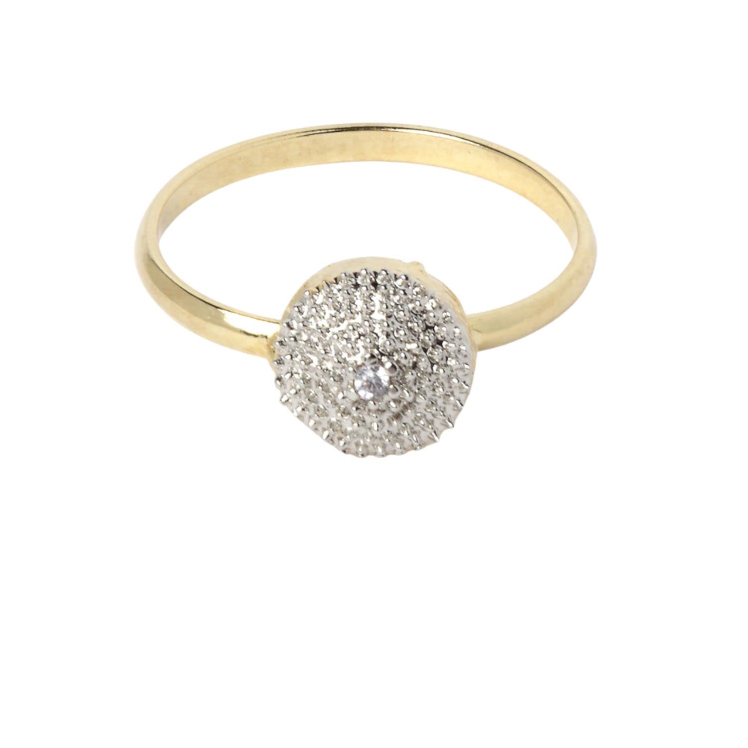 Gold ring with a diamond-studded circular pendant on a white background