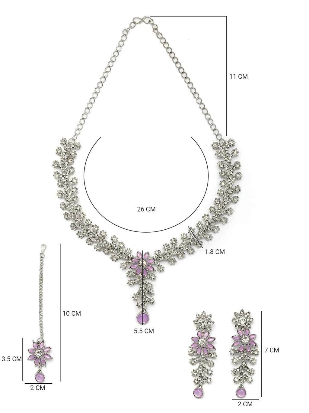 Jewelry set with necklace, earrings, and pendant on a white background