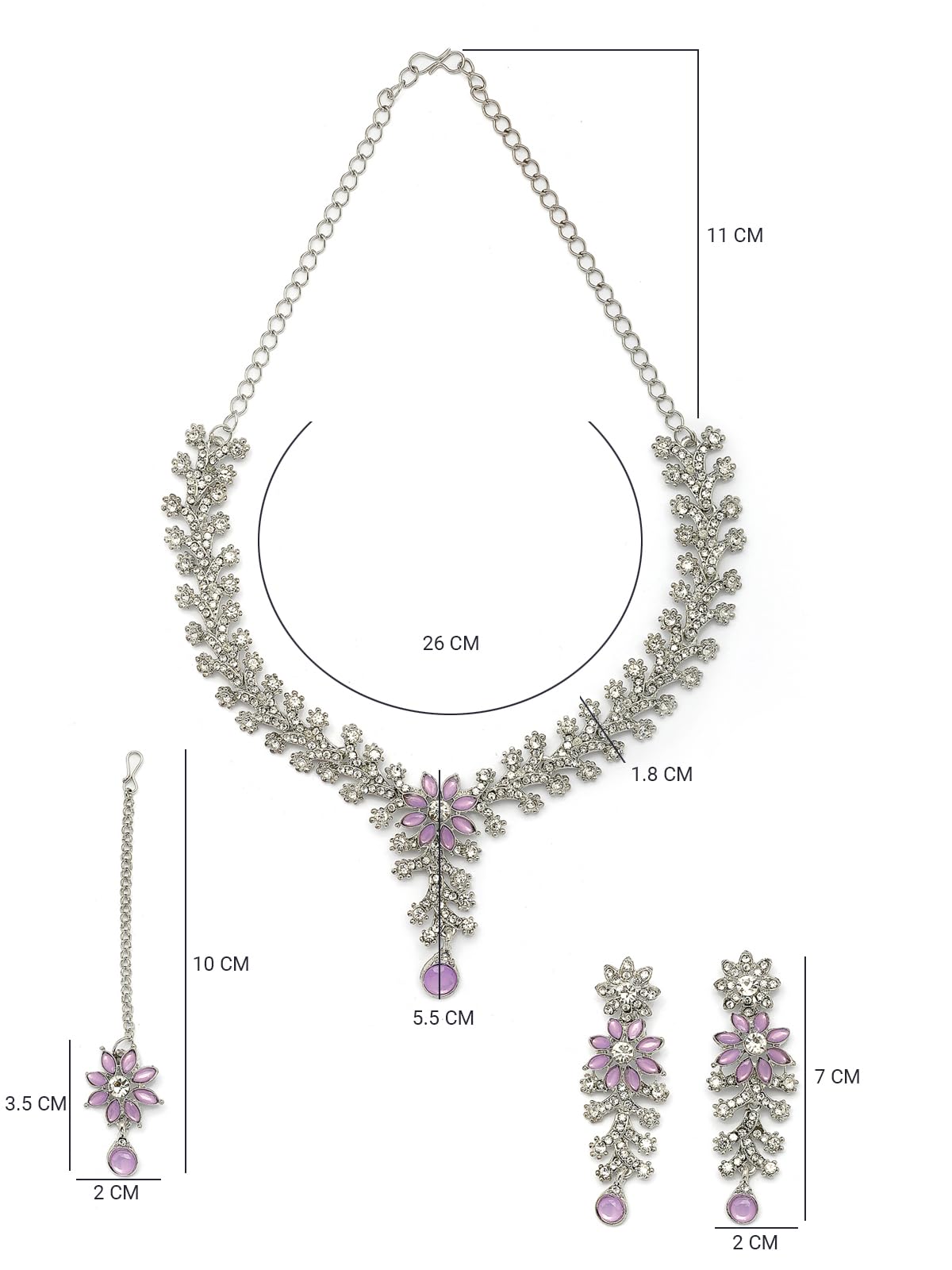 Jewelry set with necklace, earrings, and pendant on a white background