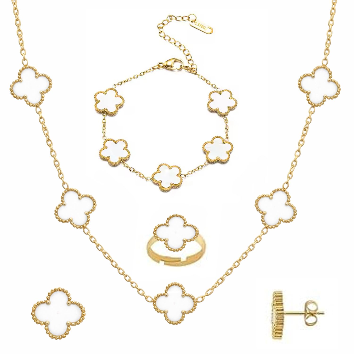 Okos Gold Plated White Clover Jewellery Set Combo for Women & Girls | Necklace, Bracelet, Ring & Stud Earrings | Elegant Jewellery for Everyday Wear CO1000498WHT