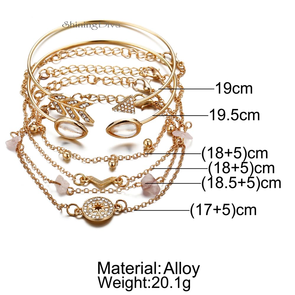 Set of gold bracelets with measurements and material information on a white background