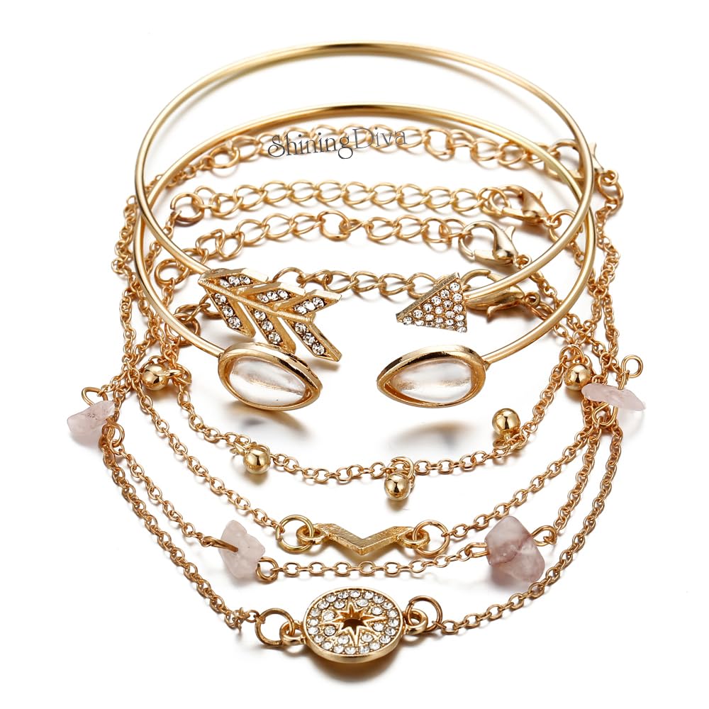Gold bracelets with various designs on a white background