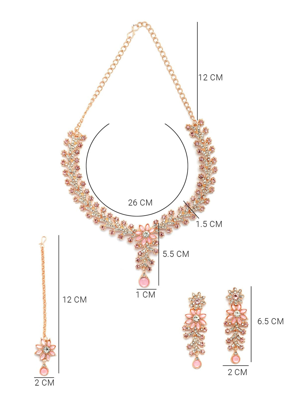 Rose gold necklace with measurements on a white background