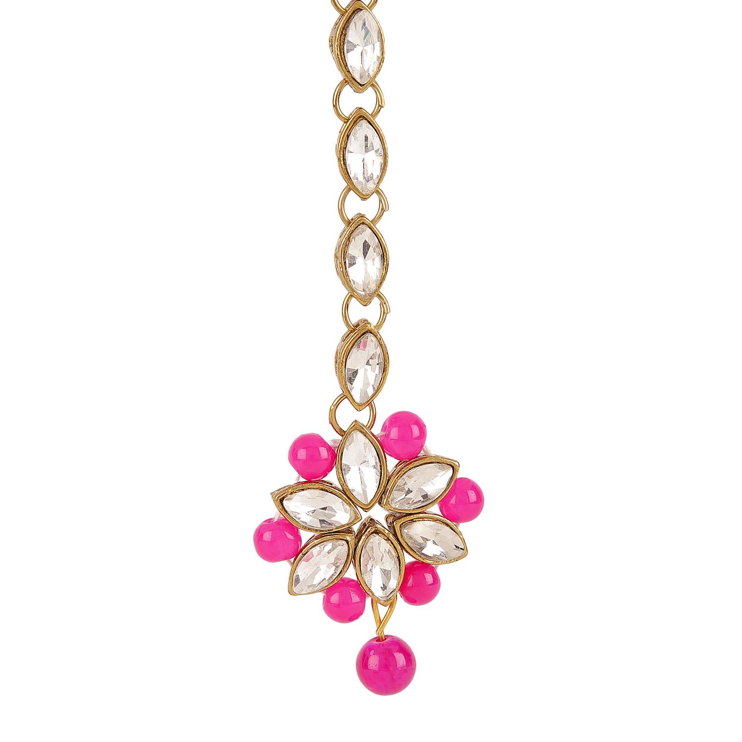 Jewelry pendant with pink beads and gold chain on a white background
