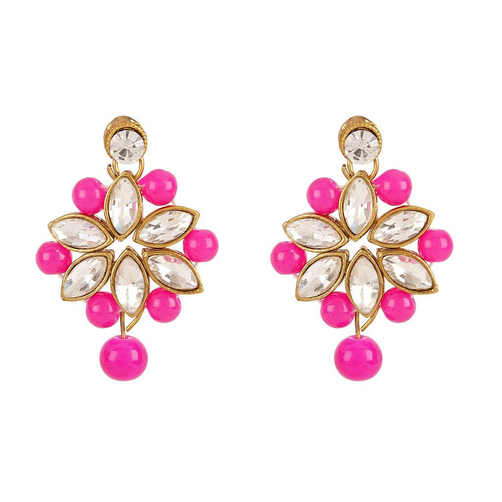 Pair of earrings with pink beads and gold accents on a white background