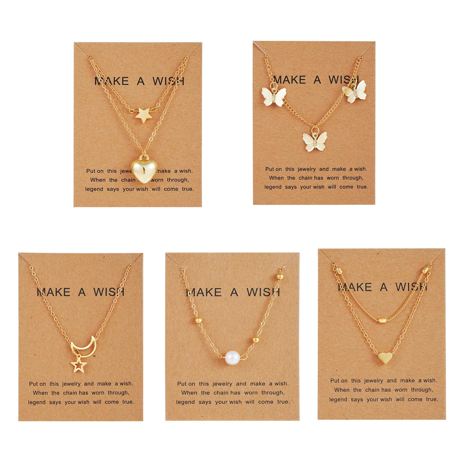 Five gold necklaces with various pendants on brown cards with 'Make a Wish' text.