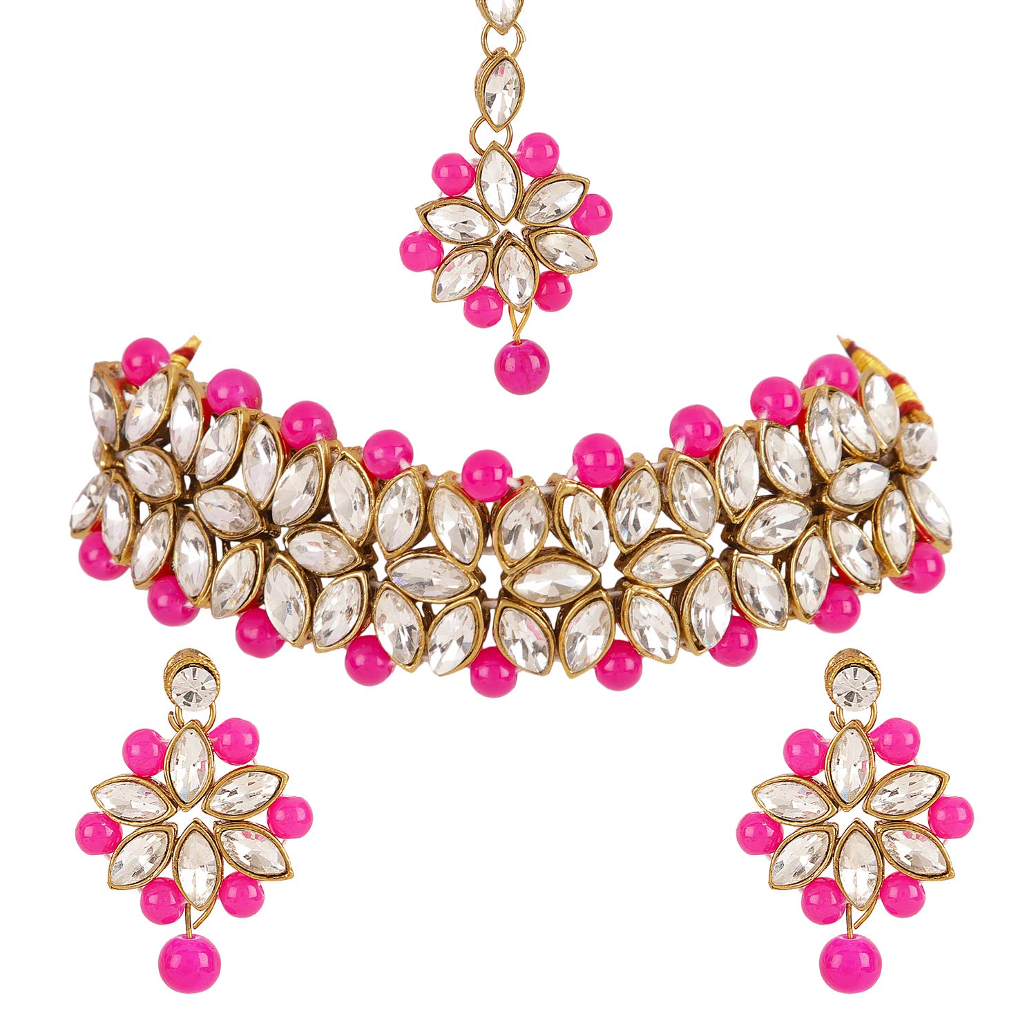 Jewelry set with pink and white stones on a white background