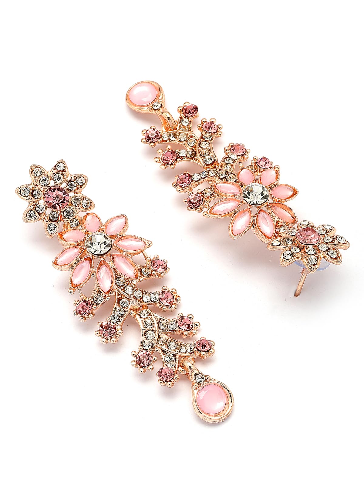 Pair of ornate earrings with pink and gold details on a white background