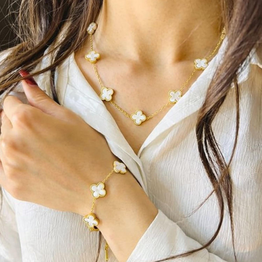 Okos Gold Plated White Clover Jewellery Set Combo for Women & Girls | Necklace, Bracelet, Ring & Stud Earrings | Elegant Jewellery for Everyday Wear CO1000498WHT