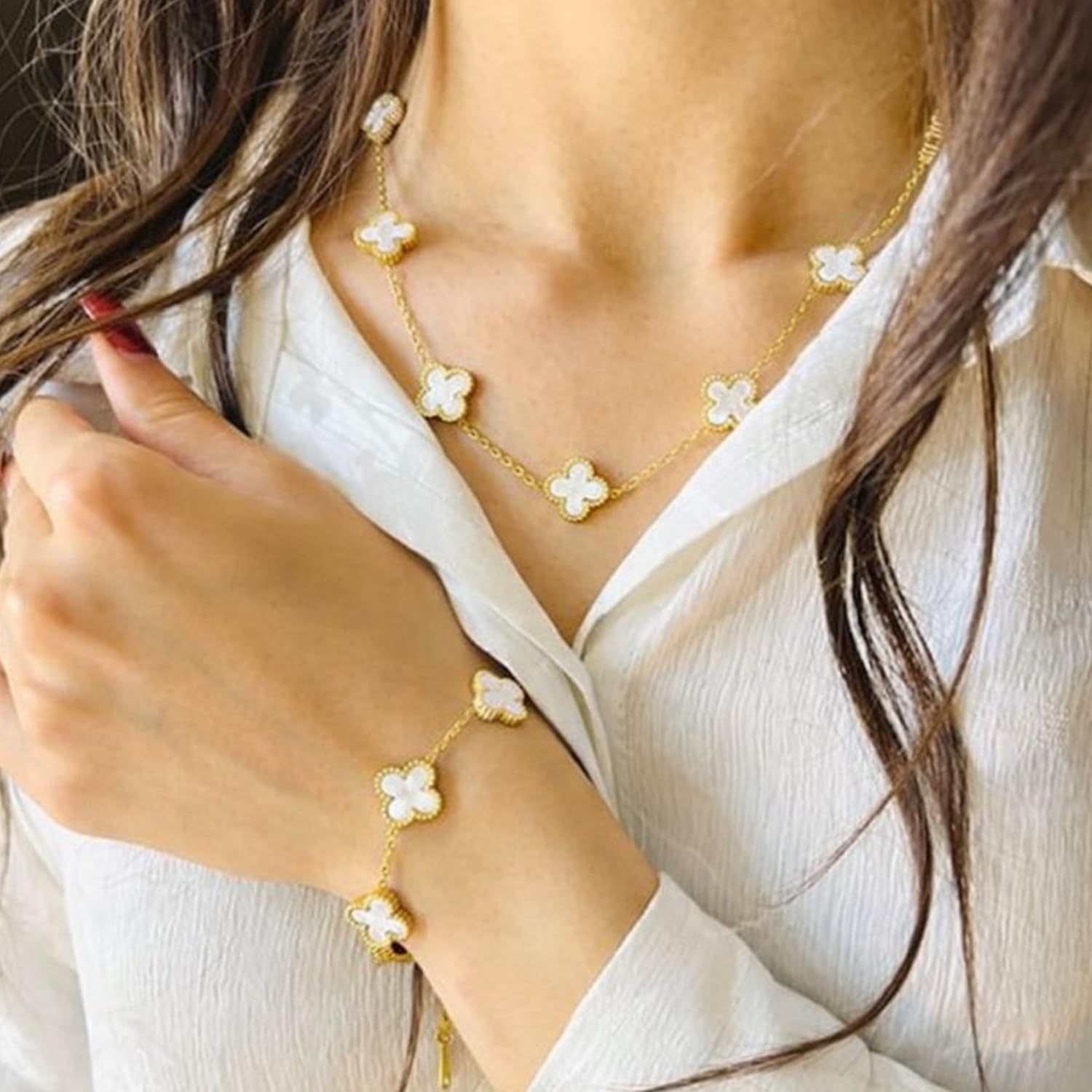 Okos Gold Plated White Clover Jewellery Set Combo for Women & Girls | Necklace, Bracelet, Ring & Stud Earrings | Elegant Jewellery for Everyday Wear CO1000498WHT
