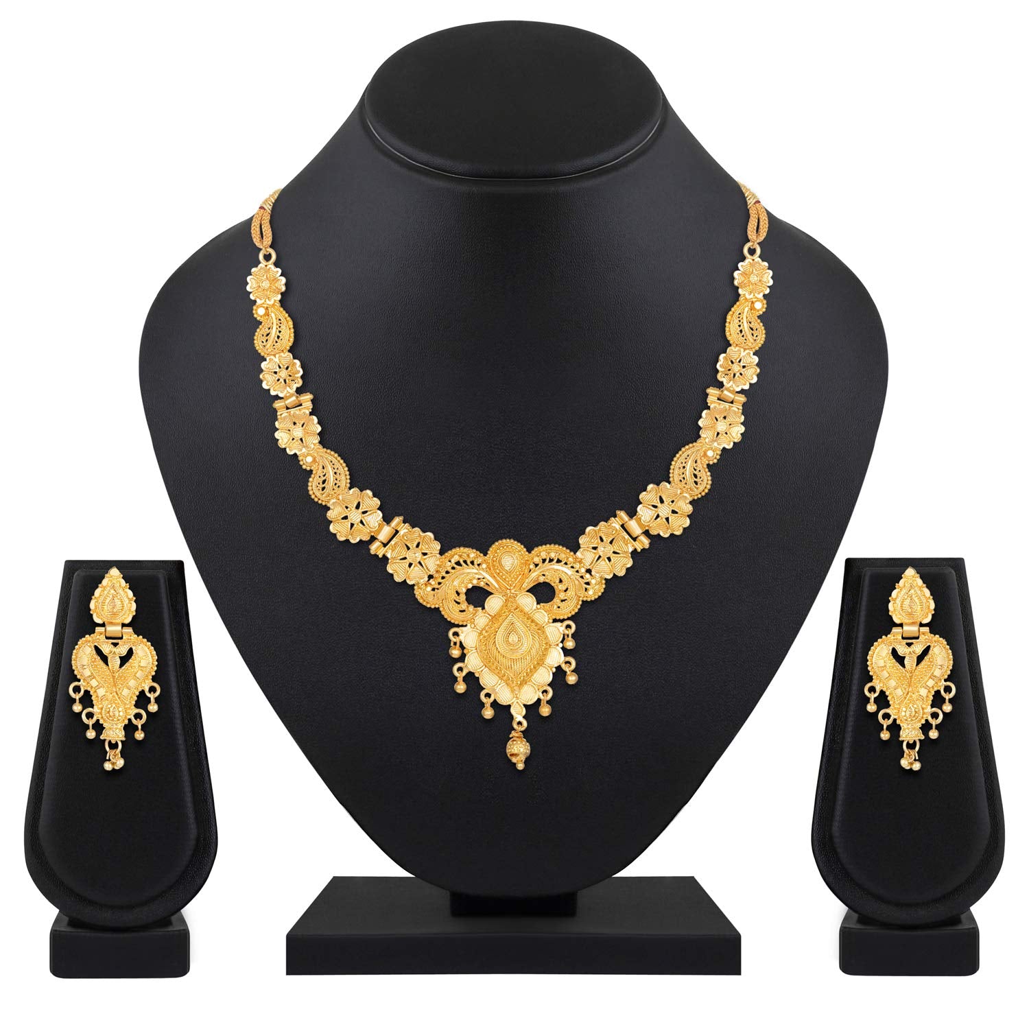 Gold necklace and earrings set on a black mannequin and stands with a white background