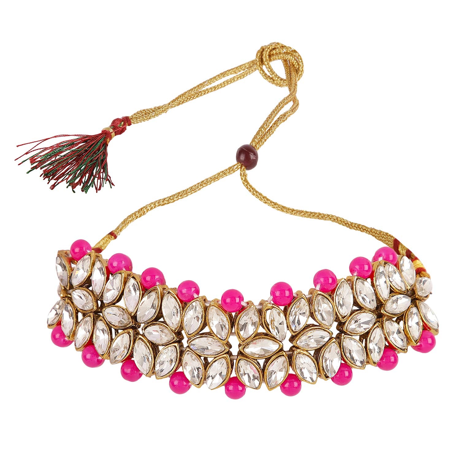 Decorative necklace with pink beads and gold accents on a white background