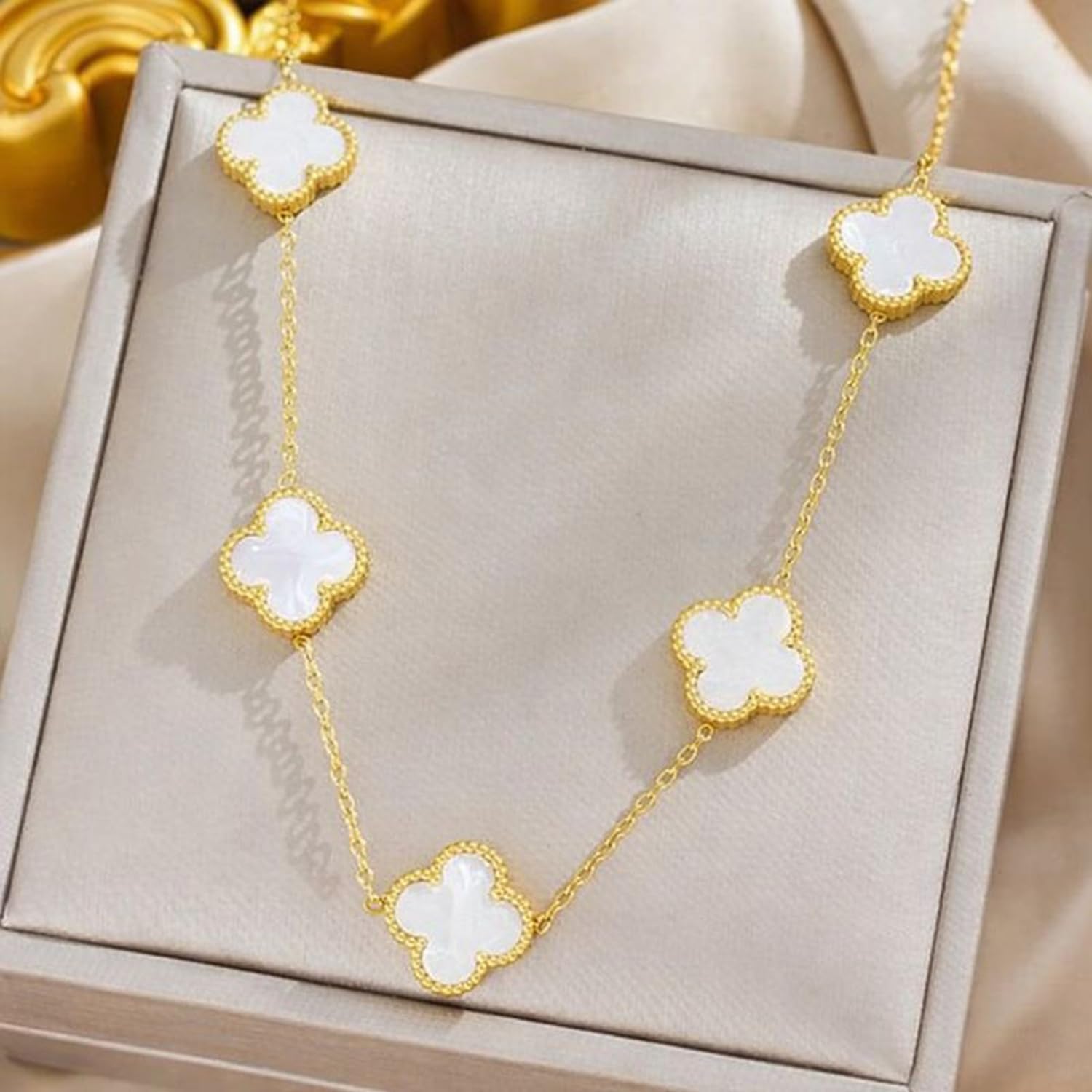Okos Gold Plated White Clover Jewellery Set Combo for Women & Girls | Necklace, Bracelet, Ring & Stud Earrings | Elegant Jewellery for Everyday Wear CO1000498WHT