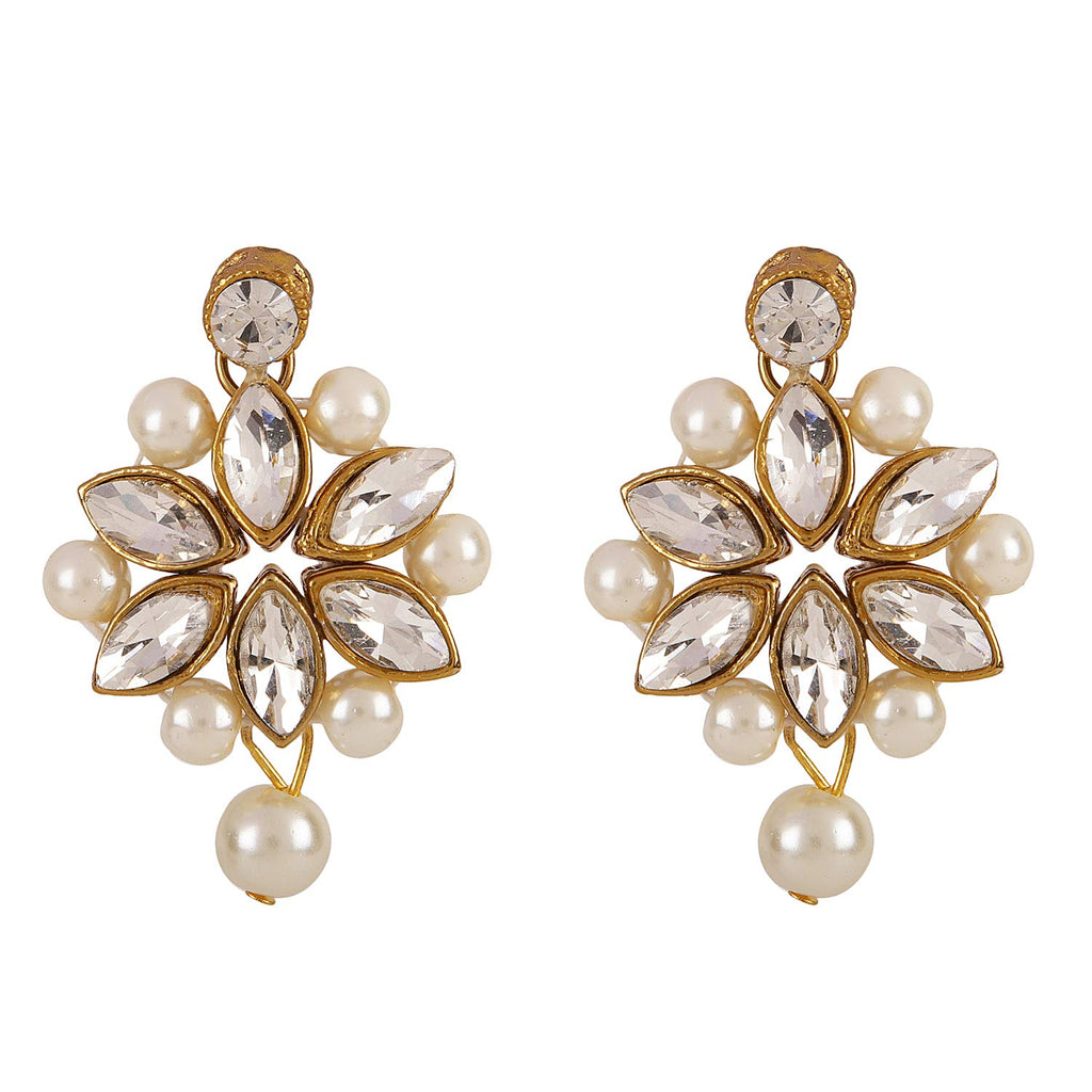 Pair of earrings with crystal and pearl design on a white background