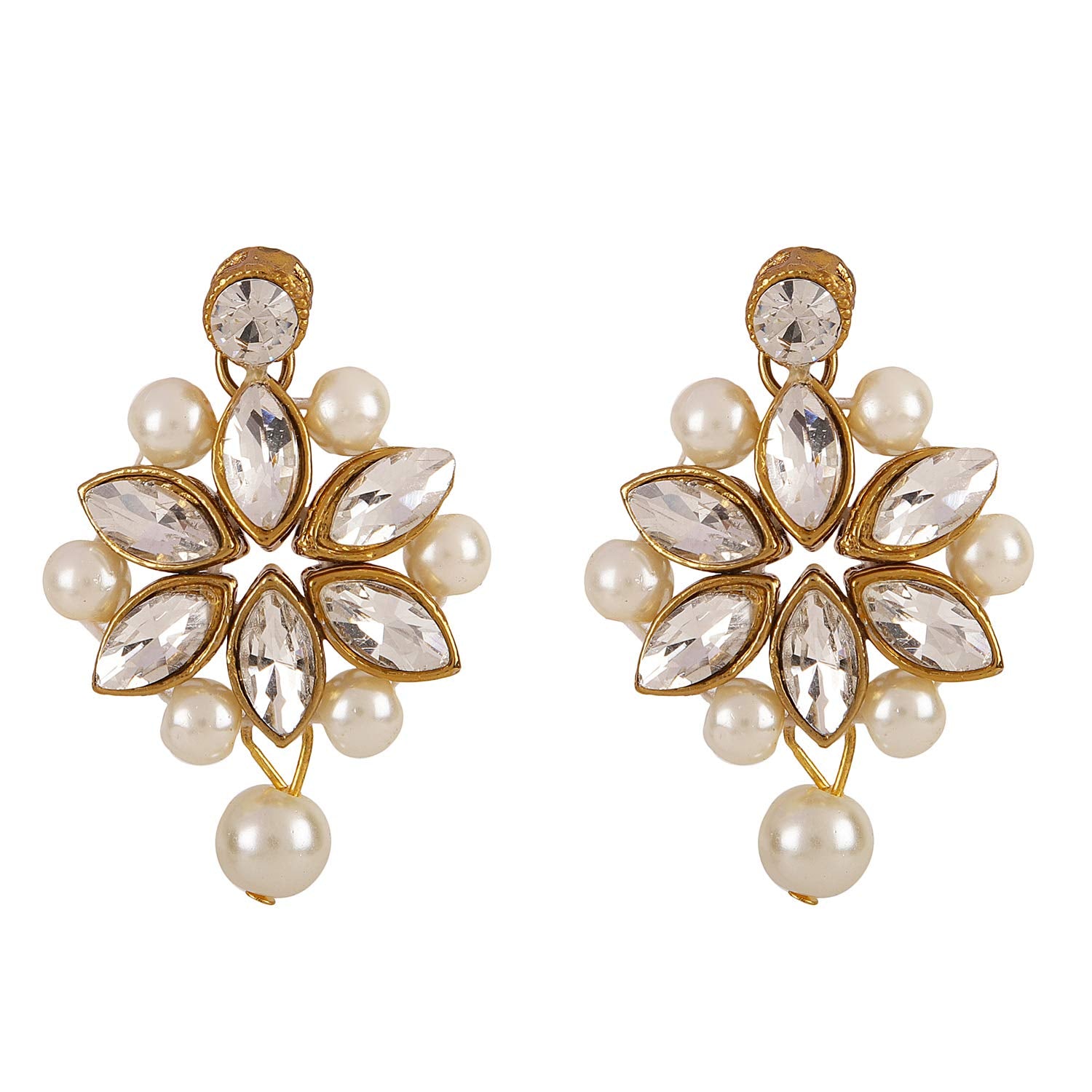 Pair of earrings with crystal and pearl design on a white background