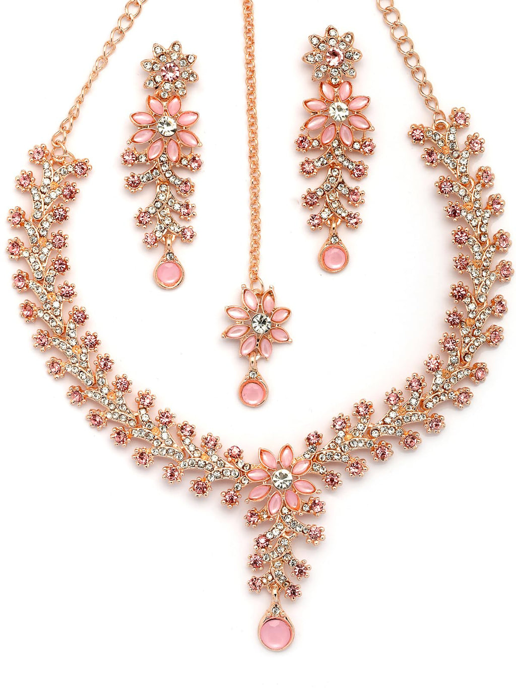 Jewelry set with necklace, earrings, and ring featuring pink and rose gold colors on a white background.