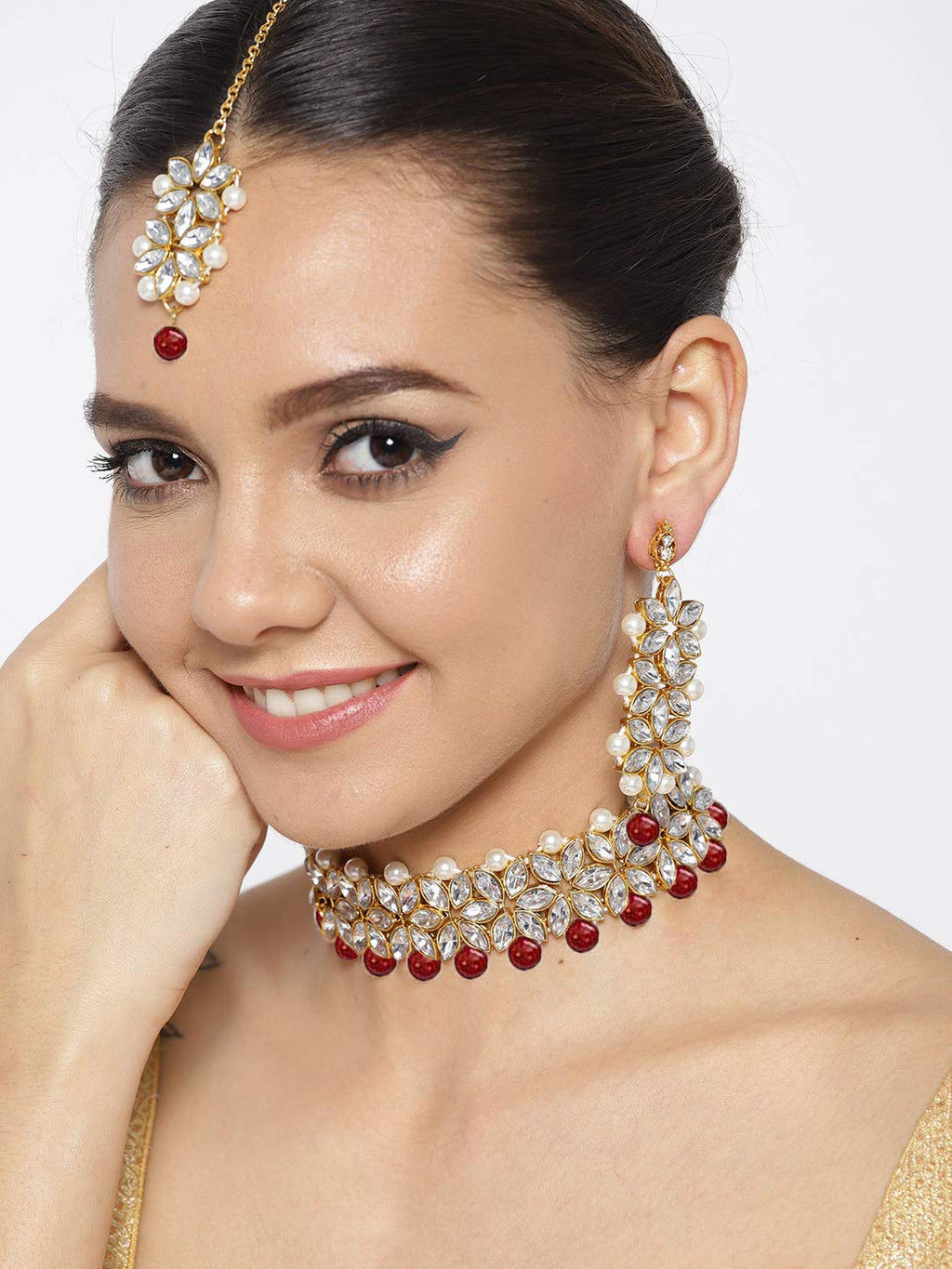 YouBella Jewellery Set for Women Gold Plated Wedding Bridal Traditional Choker Necklace Pearl Necklace Set Jewellery Set with Earrings for Girls/Women