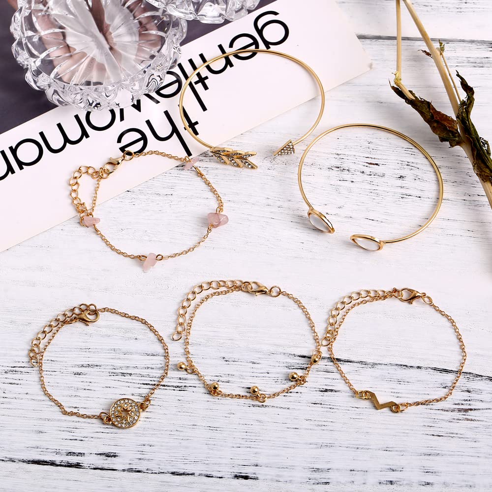 Set of gold bracelets on a white surface with text in the background