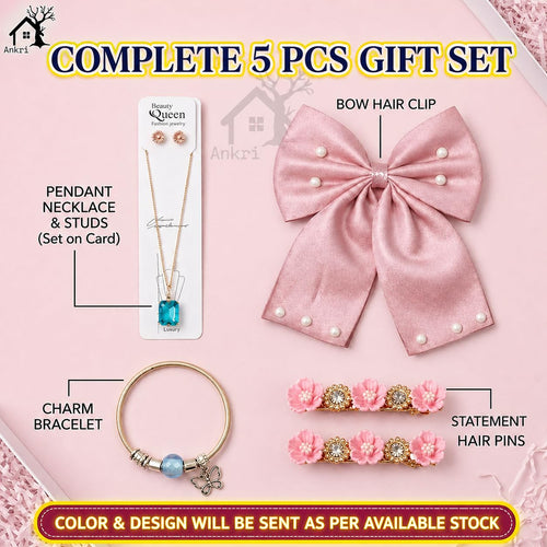 5 Pcs Trendy Hair Accessories & Jewelry Gift Set for Girls & Women, Hair Bow, Jewellery Set, Pendant Necklace with Earrings, Flower Hair Pins, Charm Bracelet, White Gift Box Included, Random Designs as per Latest Trend