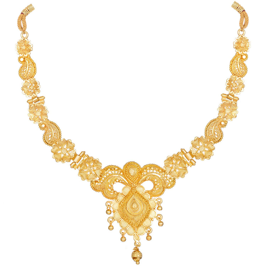 Gold necklace with intricate designs on a white background
