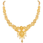 Gold necklace with intricate designs on a white background