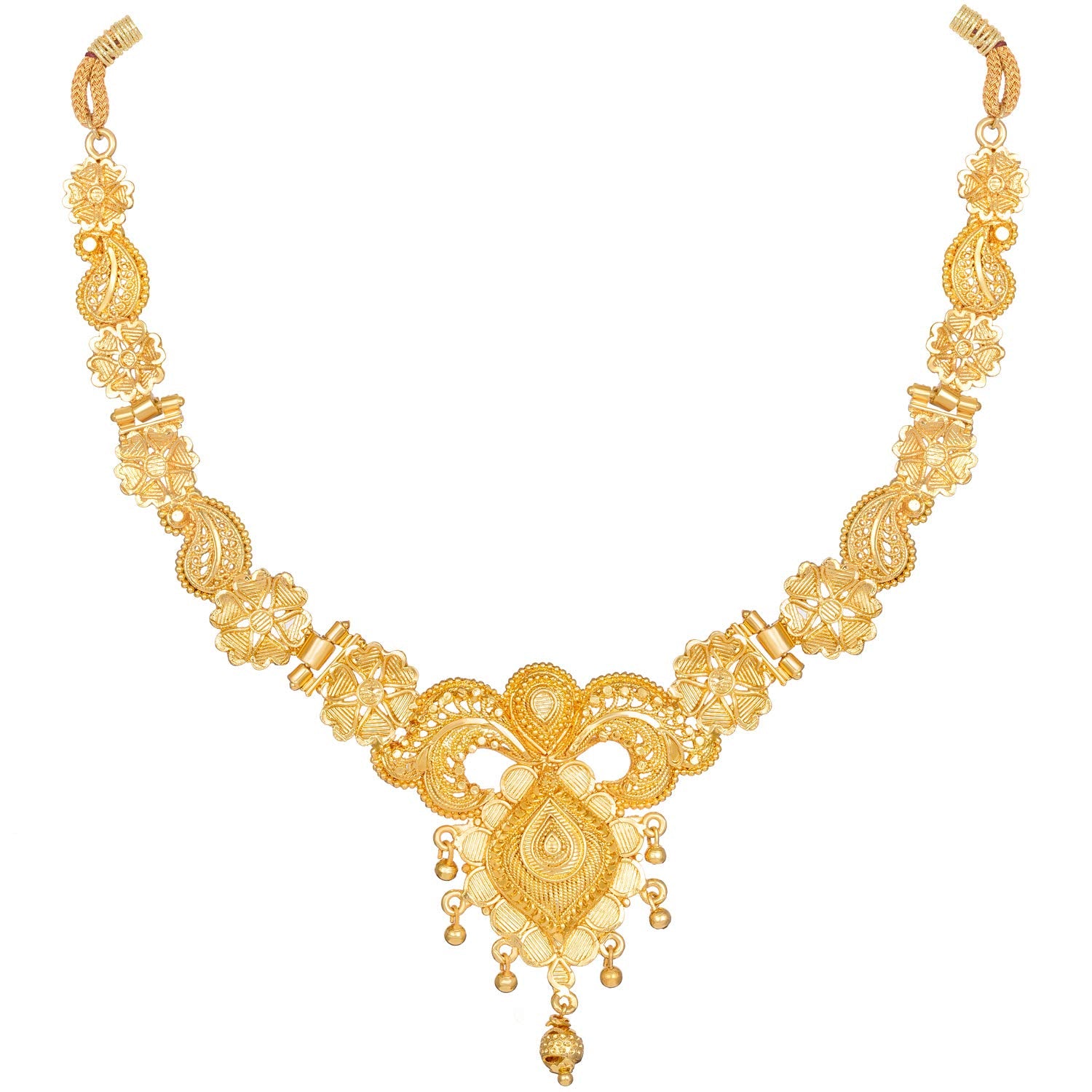 Gold necklace with intricate designs on a white background