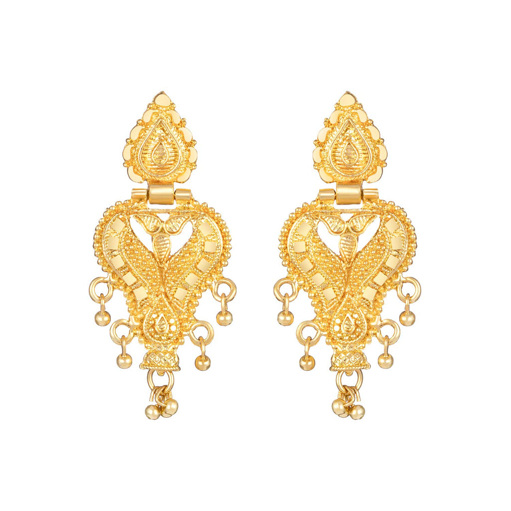 Pair of gold earrings on a white background