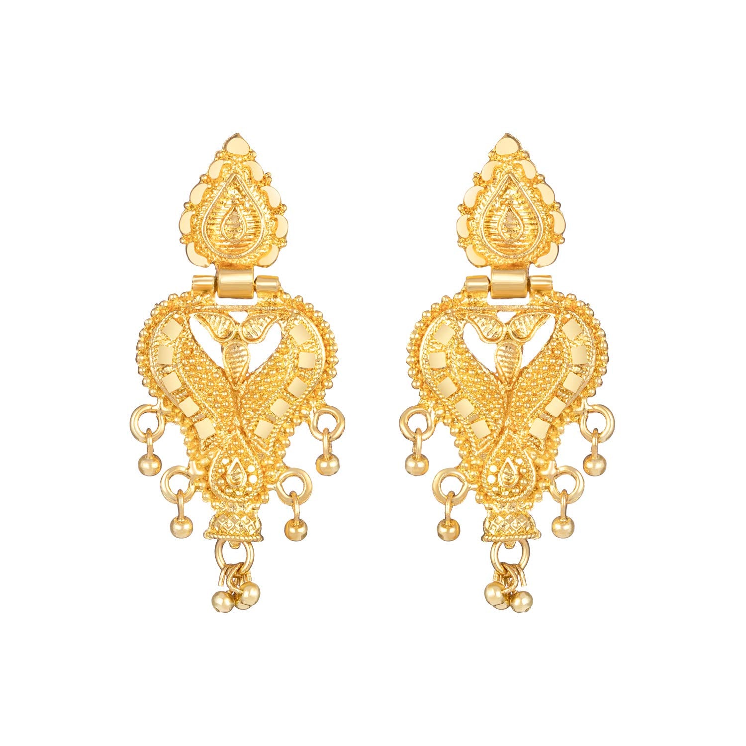 Pair of gold earrings on a white background