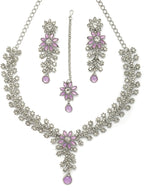 Jewelry set with necklace, earrings, and bracelet featuring pink floral designs on a white background.