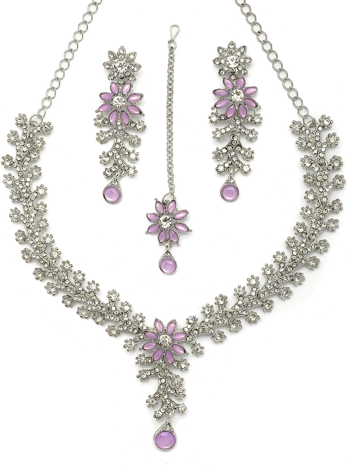 Jewelry set with necklace, earrings, and bracelet featuring pink floral designs on a white background.