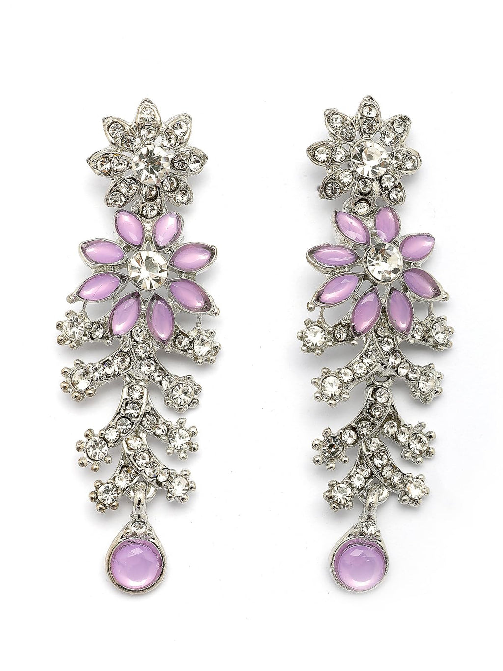 Pair of floral earrings with pink petals and silver accents on a white background