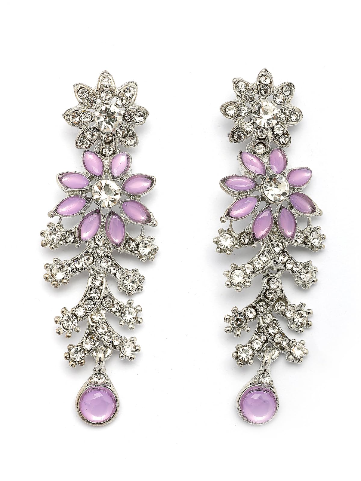 Pair of floral earrings with pink petals and silver accents on a white background