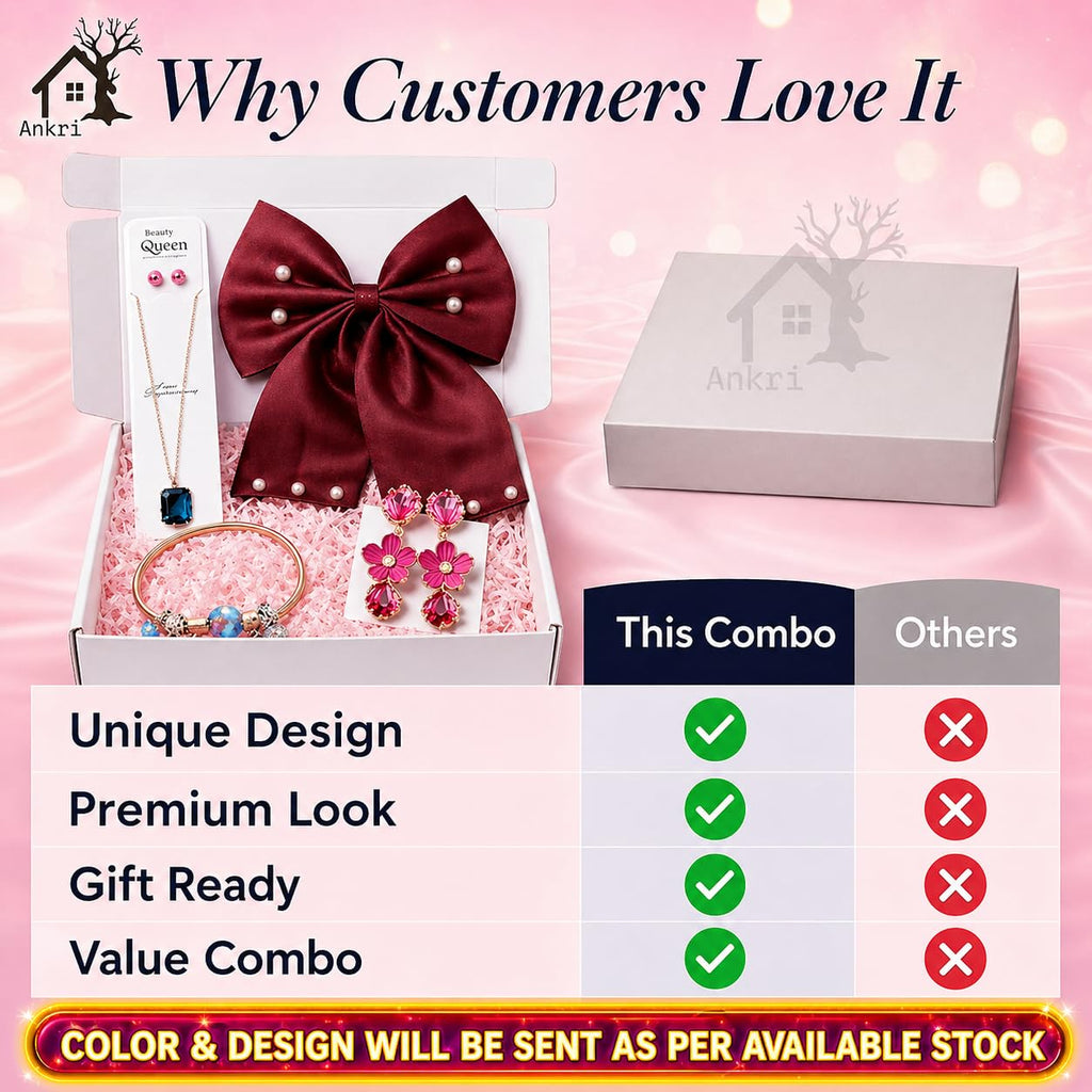 5 Pcs Trendy Hair Accessories & Jewelry Gift Set for Girls & Women, Hair Bow, Jewellery Set, Pendant Necklace with Earrings, Flower Hair Pins, Charm Bracelet, White Gift Box Included, Random Designs as per Latest Trend