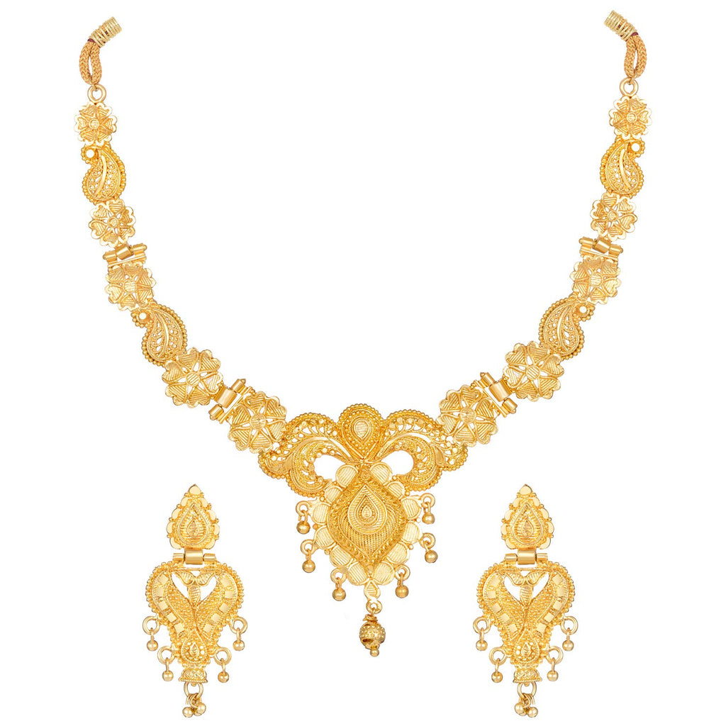 Gold necklace and earrings set on a white background