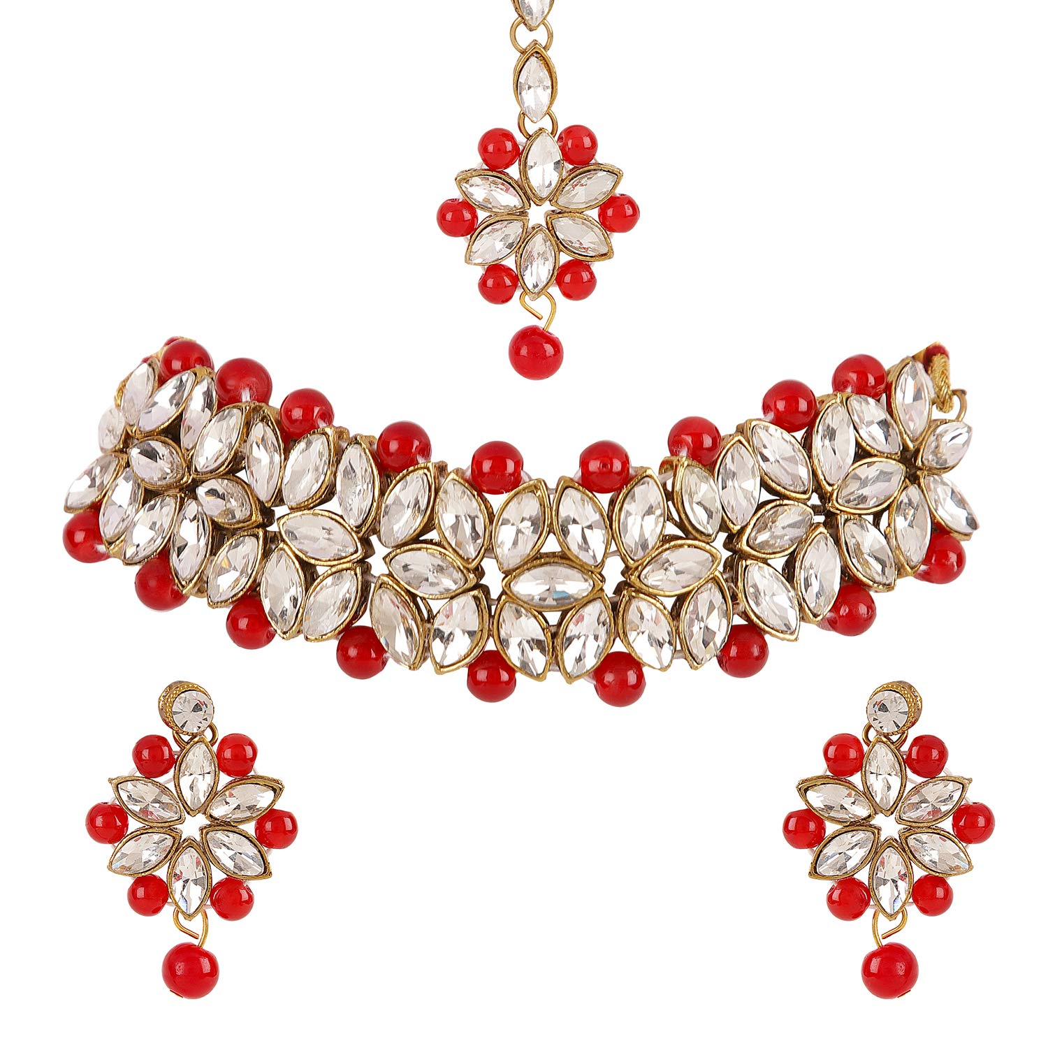 Jewelry set with necklace, earrings, and ring on a white background