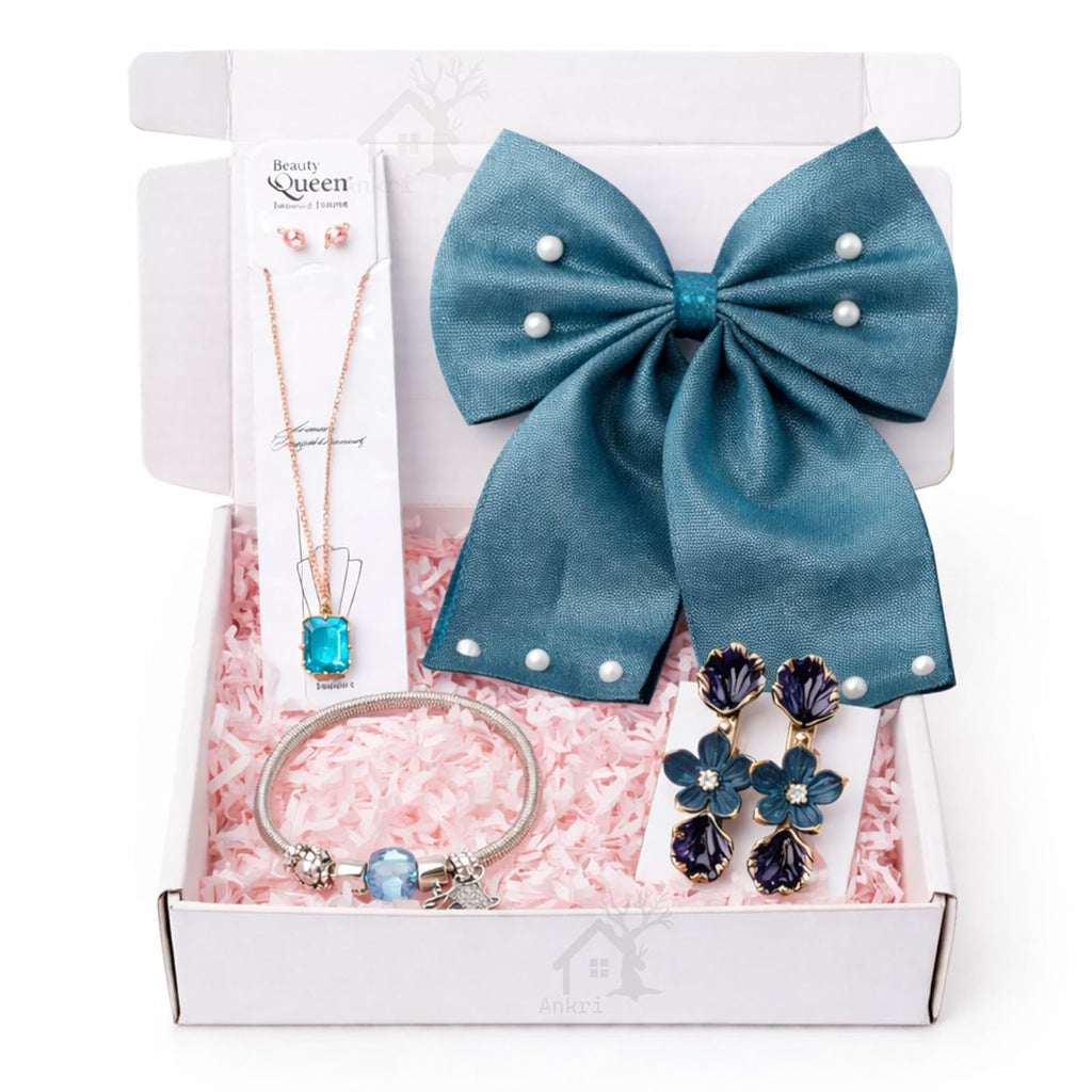 5 Pcs Trendy Hair Accessories & Jewelry Gift Set for Girls & Women, Hair Bow, Jewellery Set, Pendant Necklace with Earrings, Flower Hair Pins, Charm Bracelet, White Gift Box Included, Random Designs as per Latest Trend