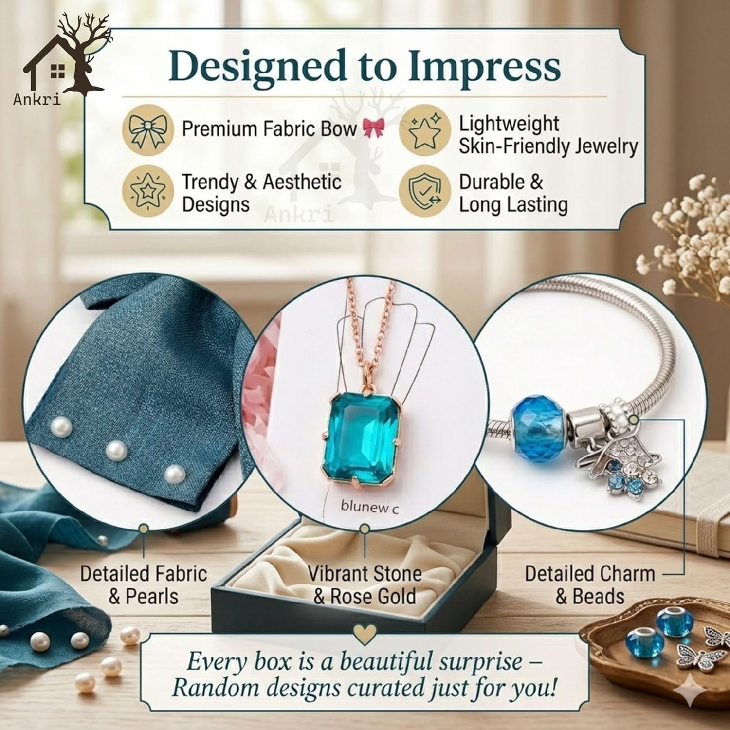 5 Pcs Trendy Hair Accessories & Jewelry Gift Set for Girls & Women, Hair Bow, Jewellery Set, Pendant Necklace with Earrings, Flower Hair Pins, Charm Bracelet, White Gift Box Included, Random Designs as per Latest Trend