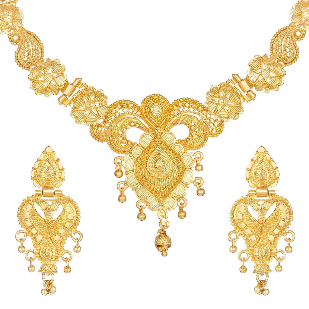 Gold necklace and earrings set on a white background