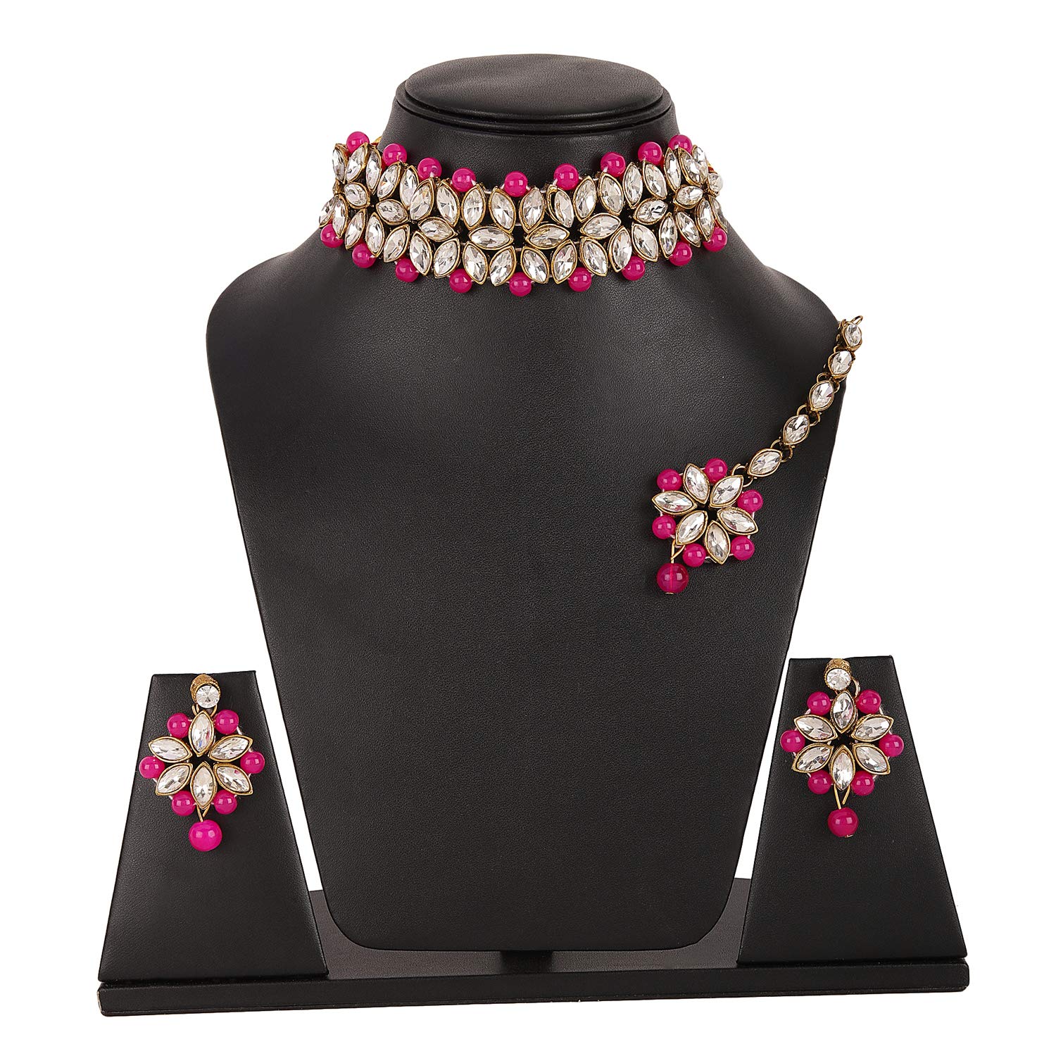 Jewelry set with necklace, earrings, and ring on a black mannequin bust.