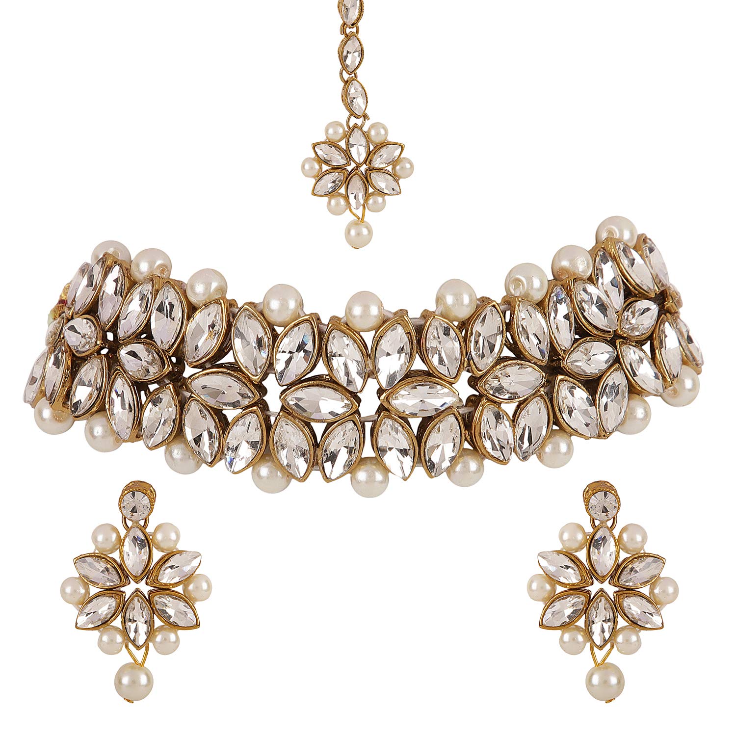 Jewelry set with necklace, earrings, and ring on a white background