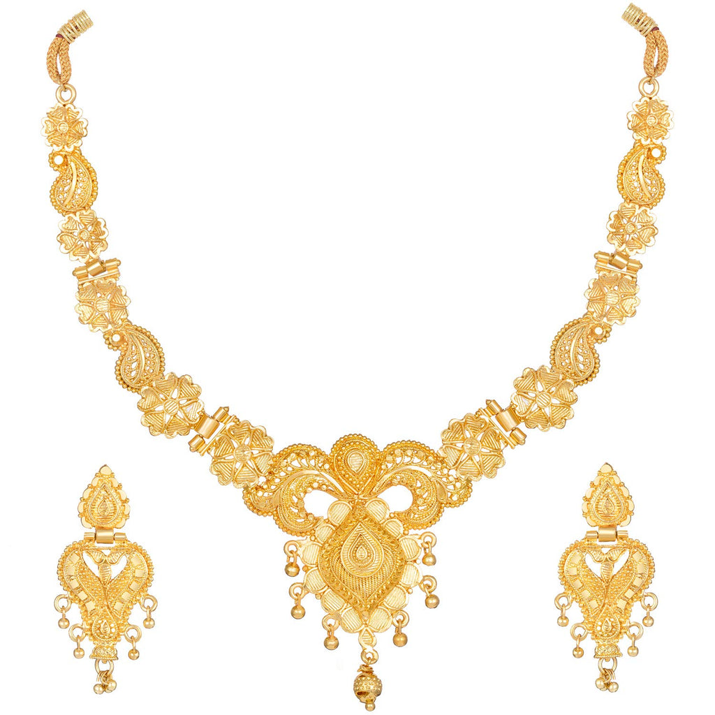 Gold necklace and earrings set on a white background