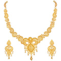 Gold necklace and earrings set on a white background