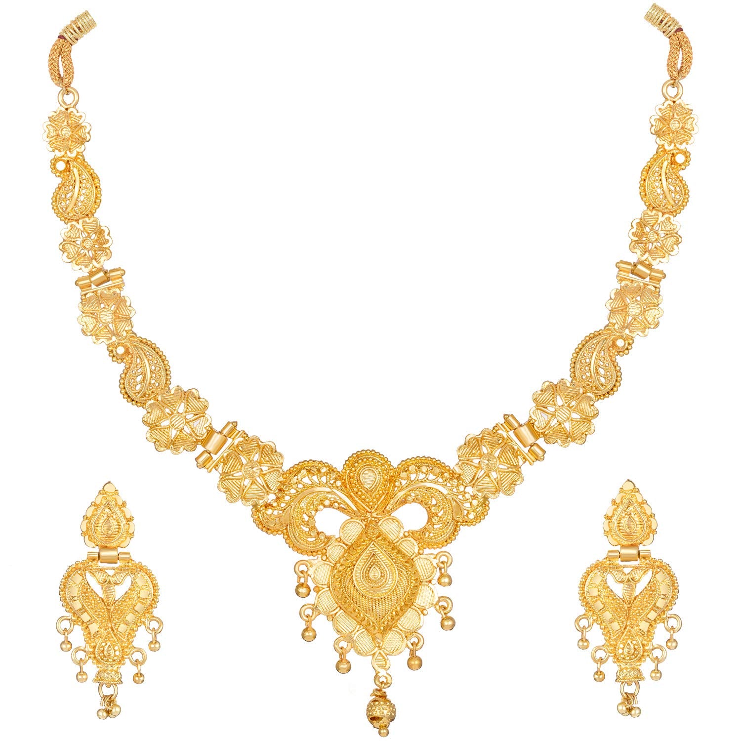 Gold necklace and earrings set on a white background